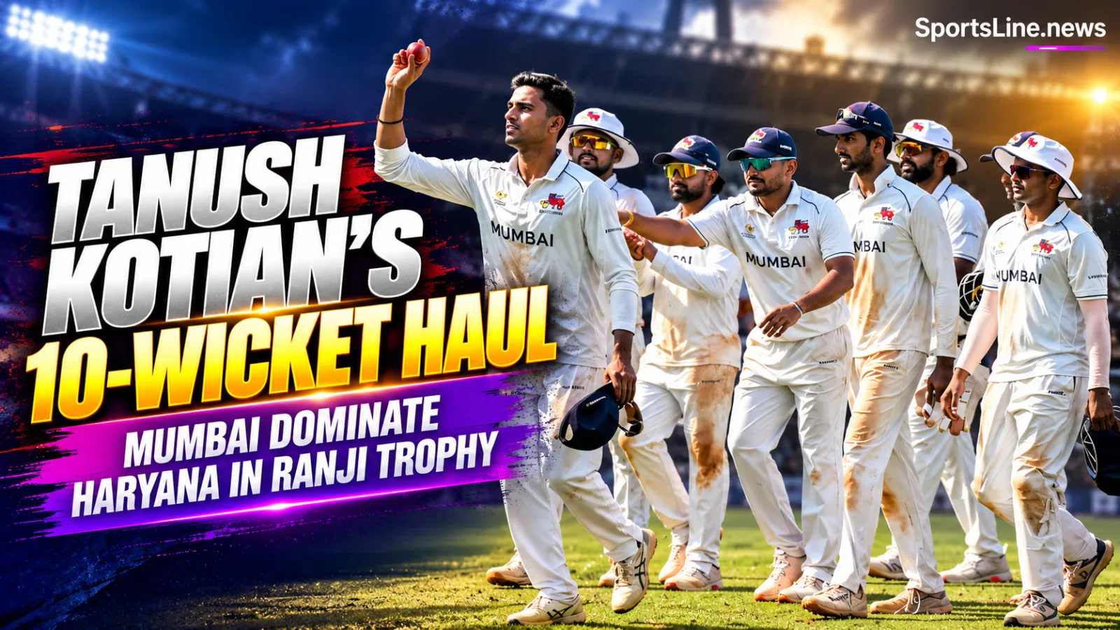Mumbai off-spinner Tanush Kotian celebrates after taking eight wickets in the second innings against Haryana in the Ranji Trophy.
