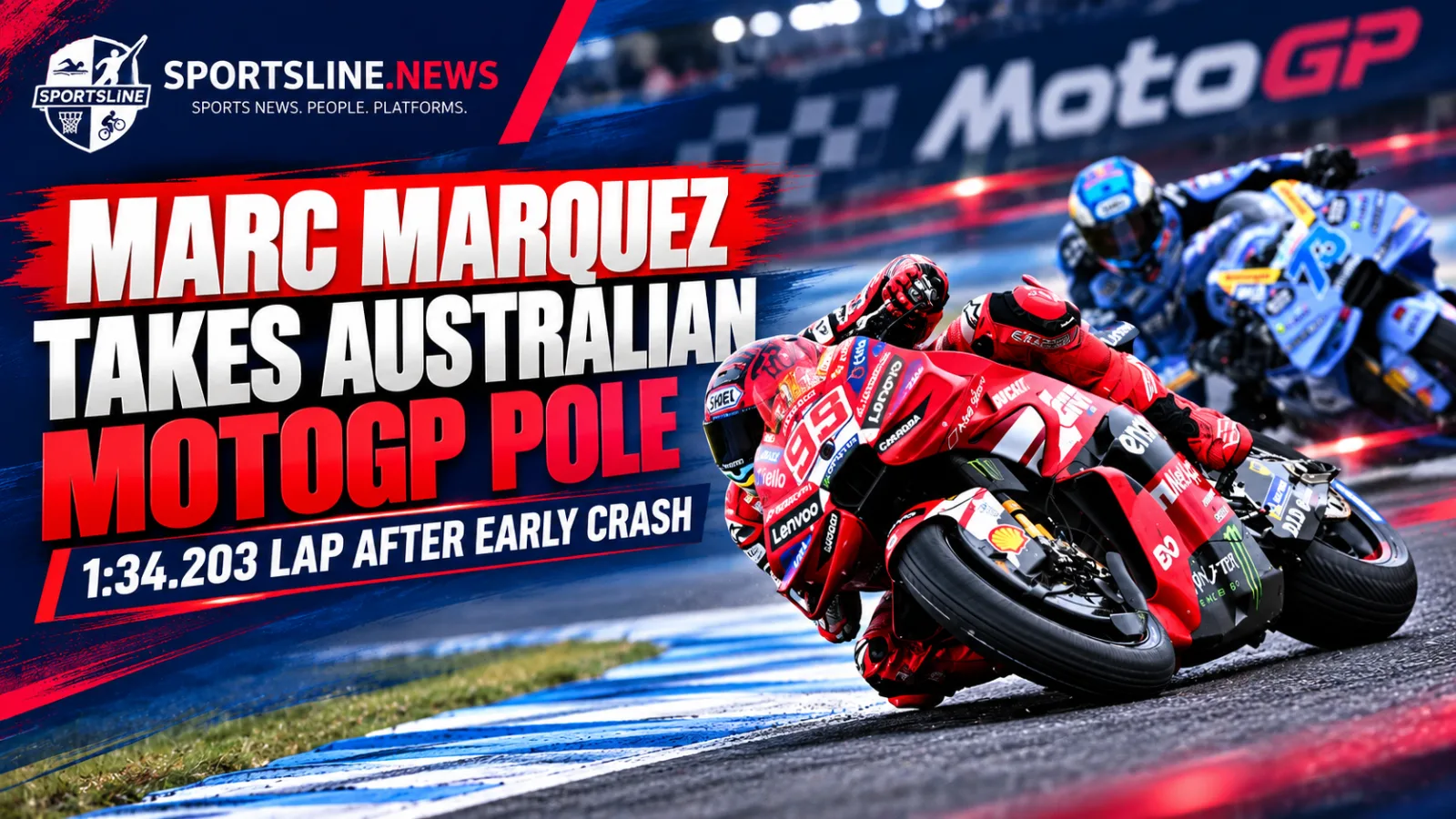 Marc Marquez celebrates pole position after wet qualifying at the 2026 Australian MotoGP at Phillip Island.