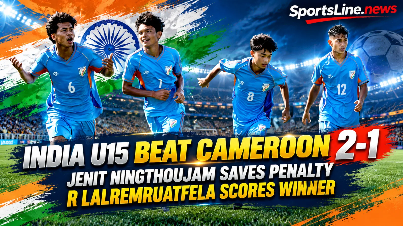 India’s U15 Blue Colts celebrate their 2-1 win over Cameroon at the FIFA U15 World Cup & Festival in Baku.
