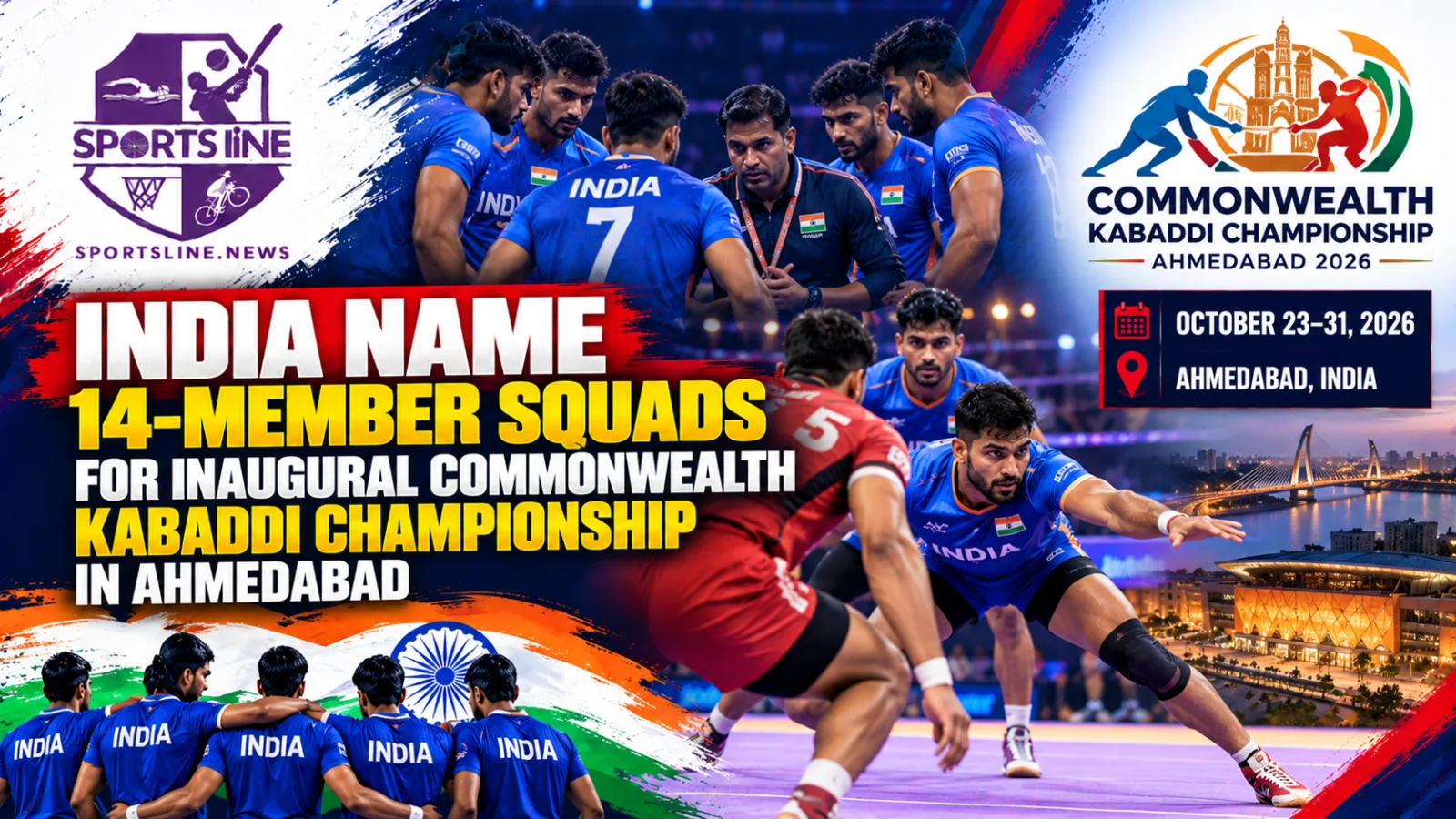Kabaddi players compete during an international match; the inaugural Commonwealth Kabaddi Championship is scheduled in Ahmedabad from October 23 to 31, 2026.