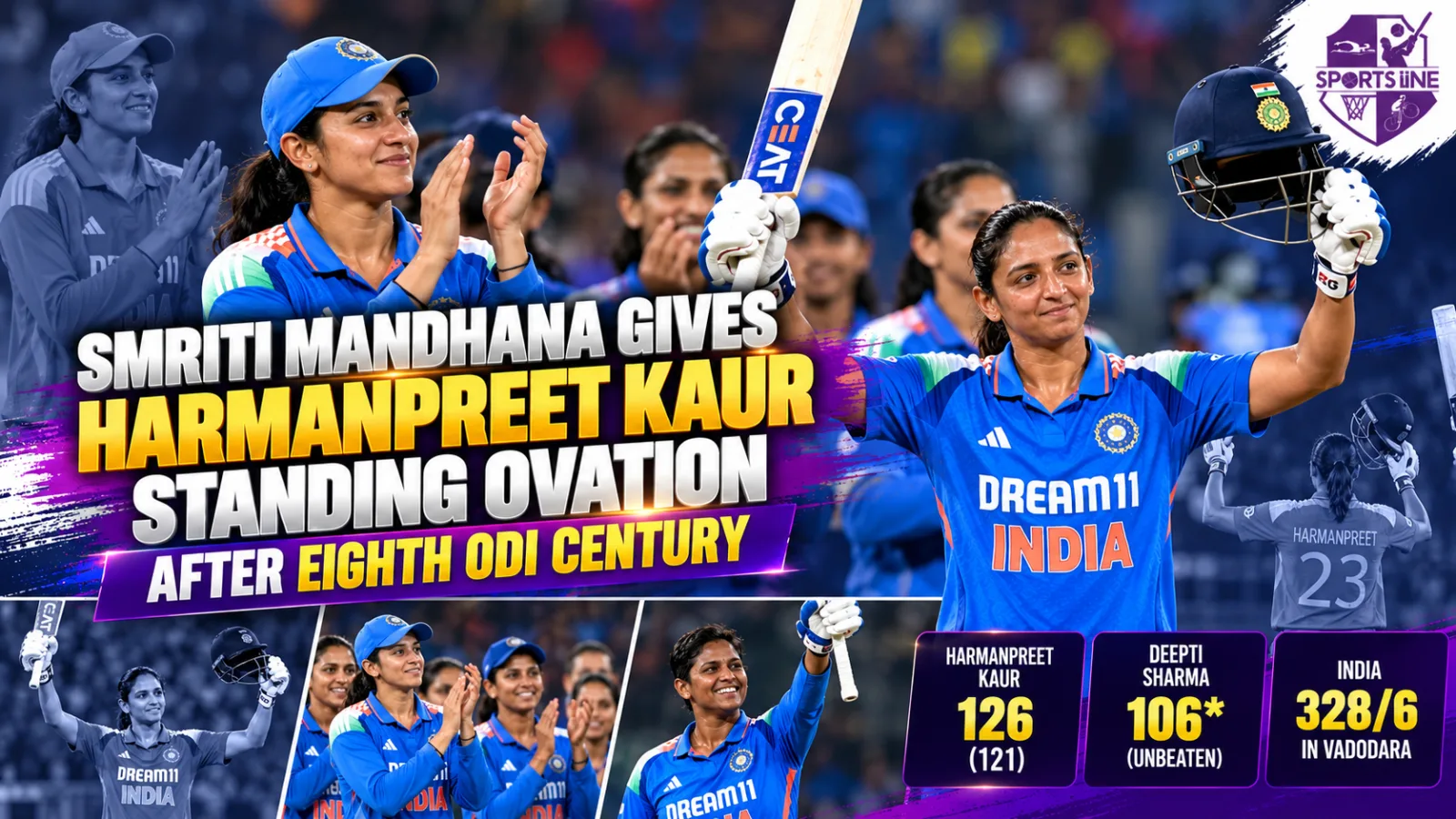 Smriti Mandhana applauds Harmanpreet Kaur after the senior batter reaches her eighth ODI century against Zimbabwe in Vadodara.