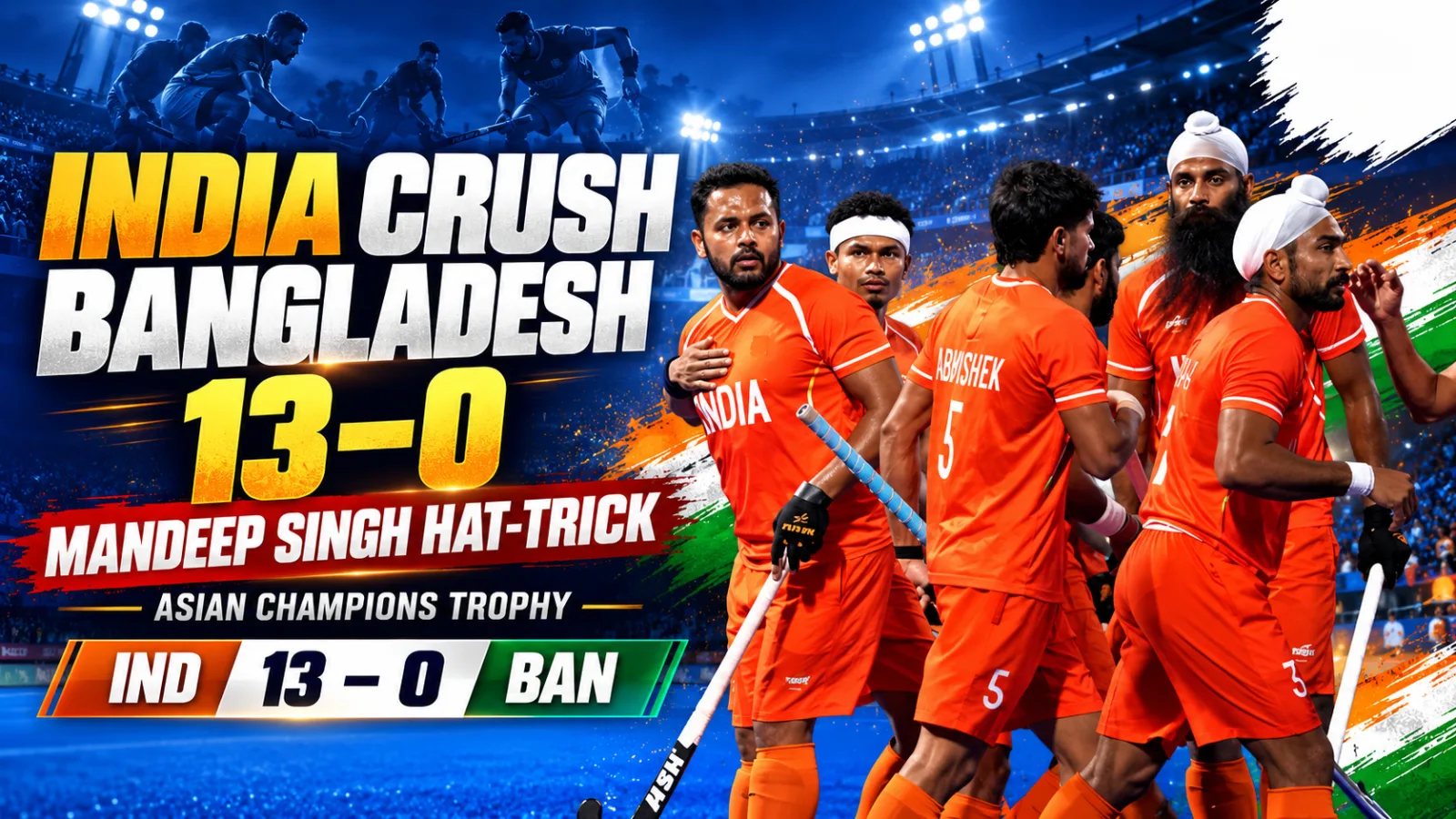 India beat Bangladesh 13-0 in their Asian Champions Trophy opener in Jalandhar, led by Mandeep Singh’s hat-trick.