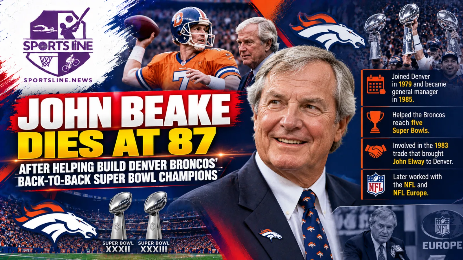Former Denver Broncos general manager John Beake helped guide the franchise to consecutive Super Bowl titles in the late 1990s.