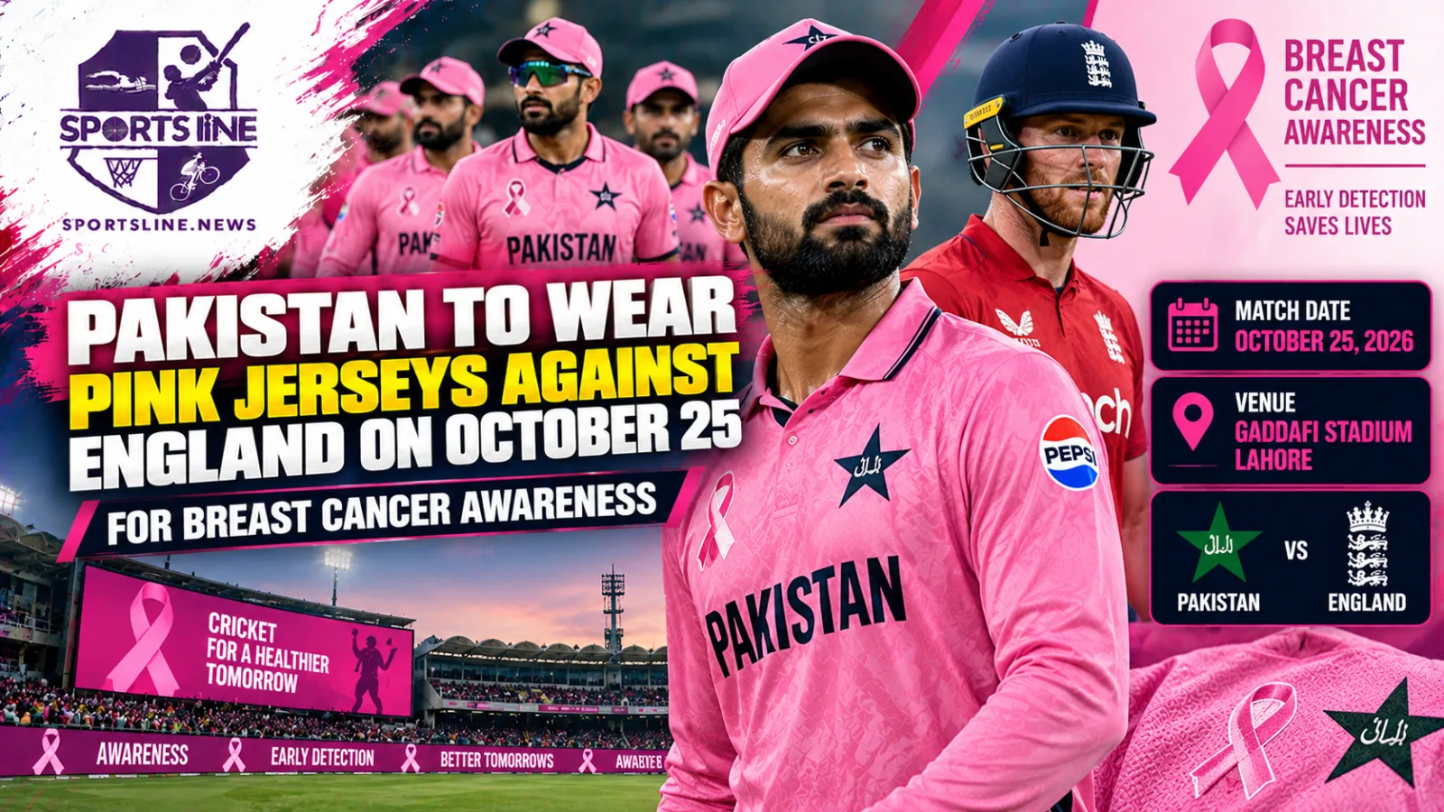 Pakistan’s specially designed pink kit for the October 25 ODI against England, part of the PCB’s breast cancer awareness initiative.