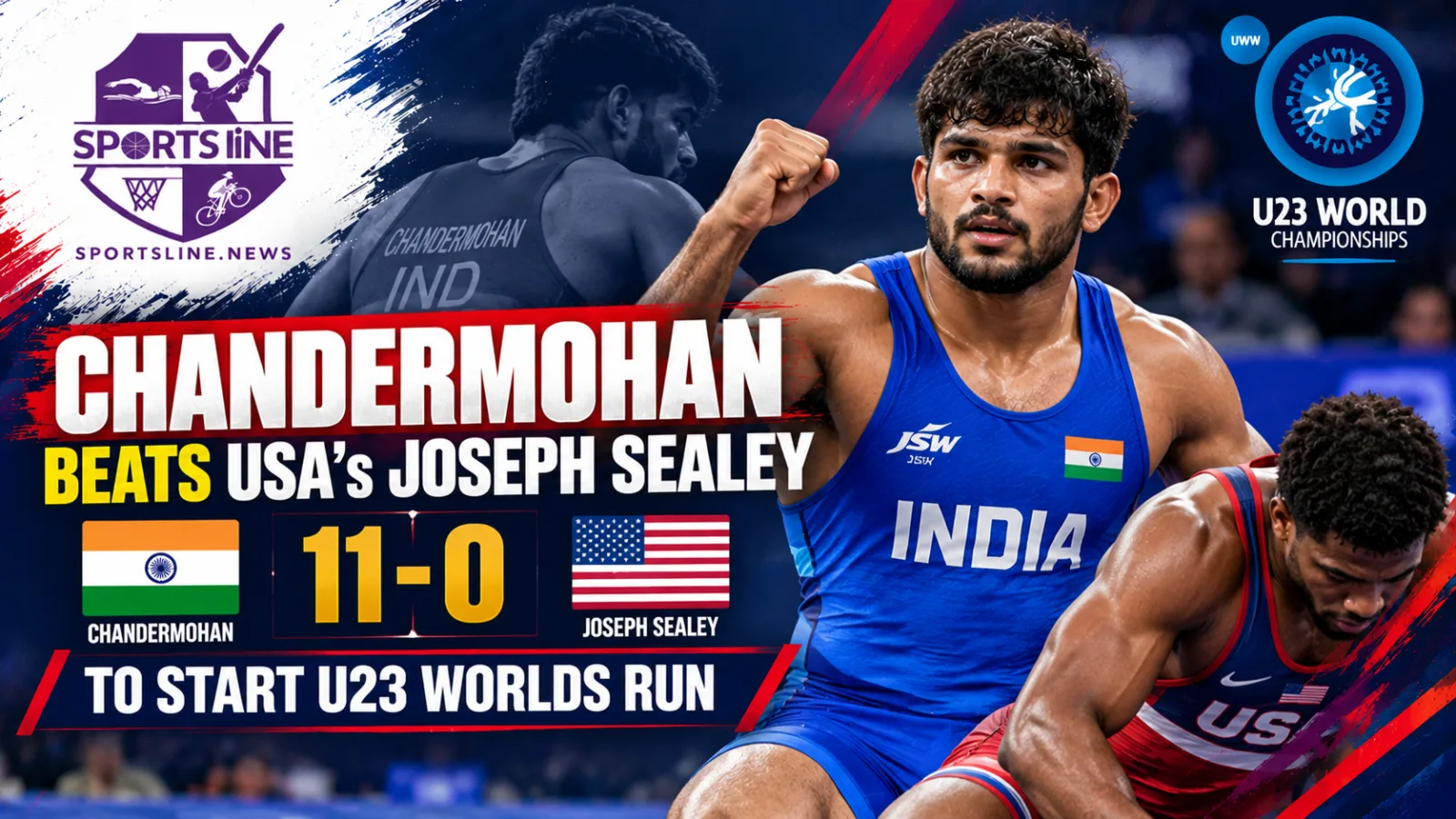 India’s Chandermohan wrestles United States representative Joseph Lee Sealey in the men’s freestyle 79kg qualification round at the 2026 U23 World Championships.