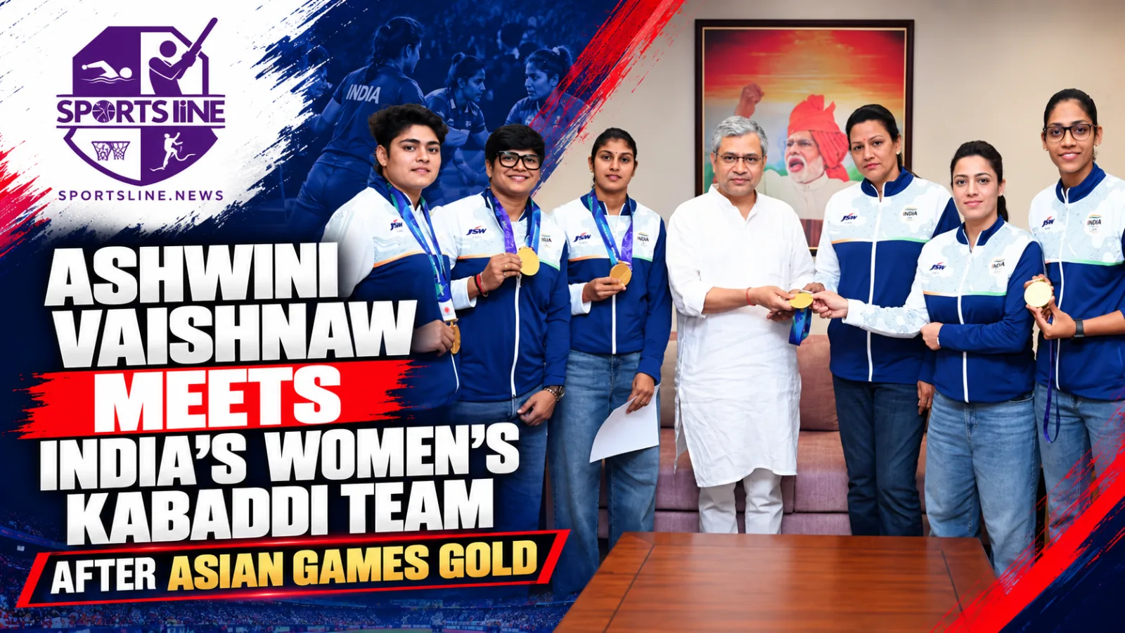Union Railway Minister Ashwini Vaishnaw meets members of India’s Asian Games gold-winning women’s kabaddi team at Rail Bhawan, New Delhi, on October 16, 2026.