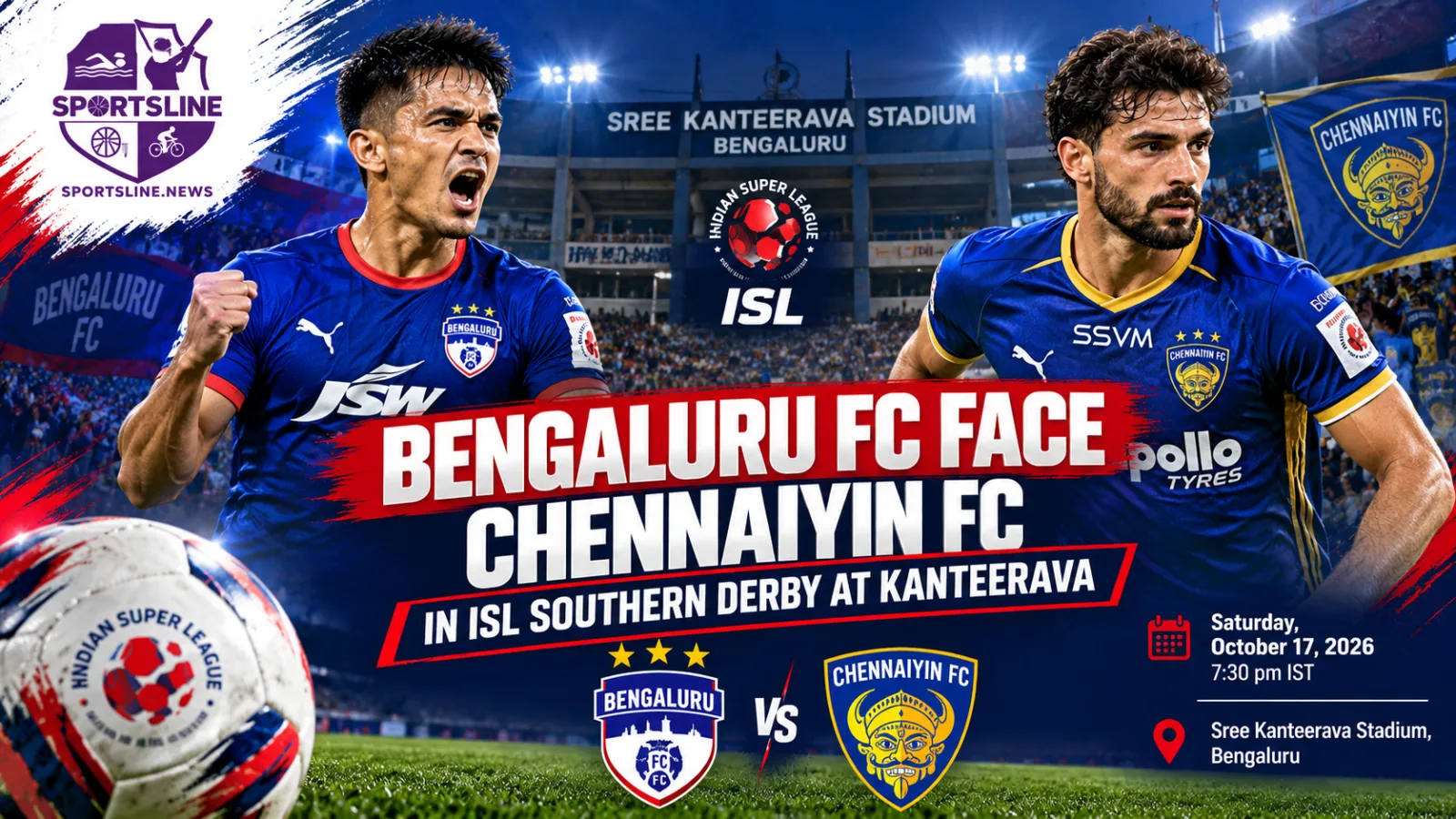 Bengaluru FC and Chennaiyin FC meet at Sree Kanteerava Stadium in the October 17, 2026 Indian Super League southern derby.