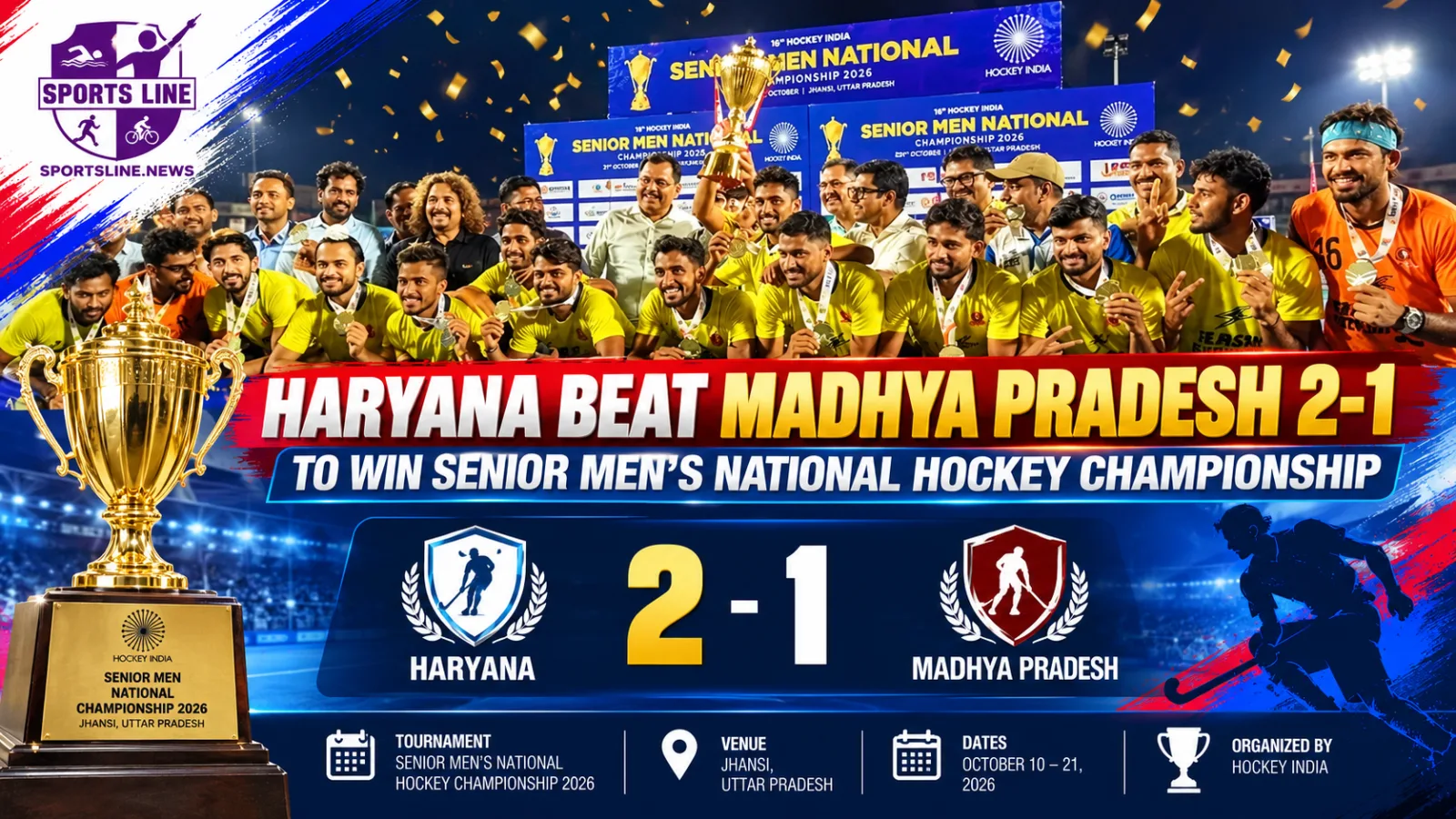 Hockey Haryana defeated Hockey Madhya Pradesh 2-1 to win the Division A title at the 2026 Senior Men’s National Championship.