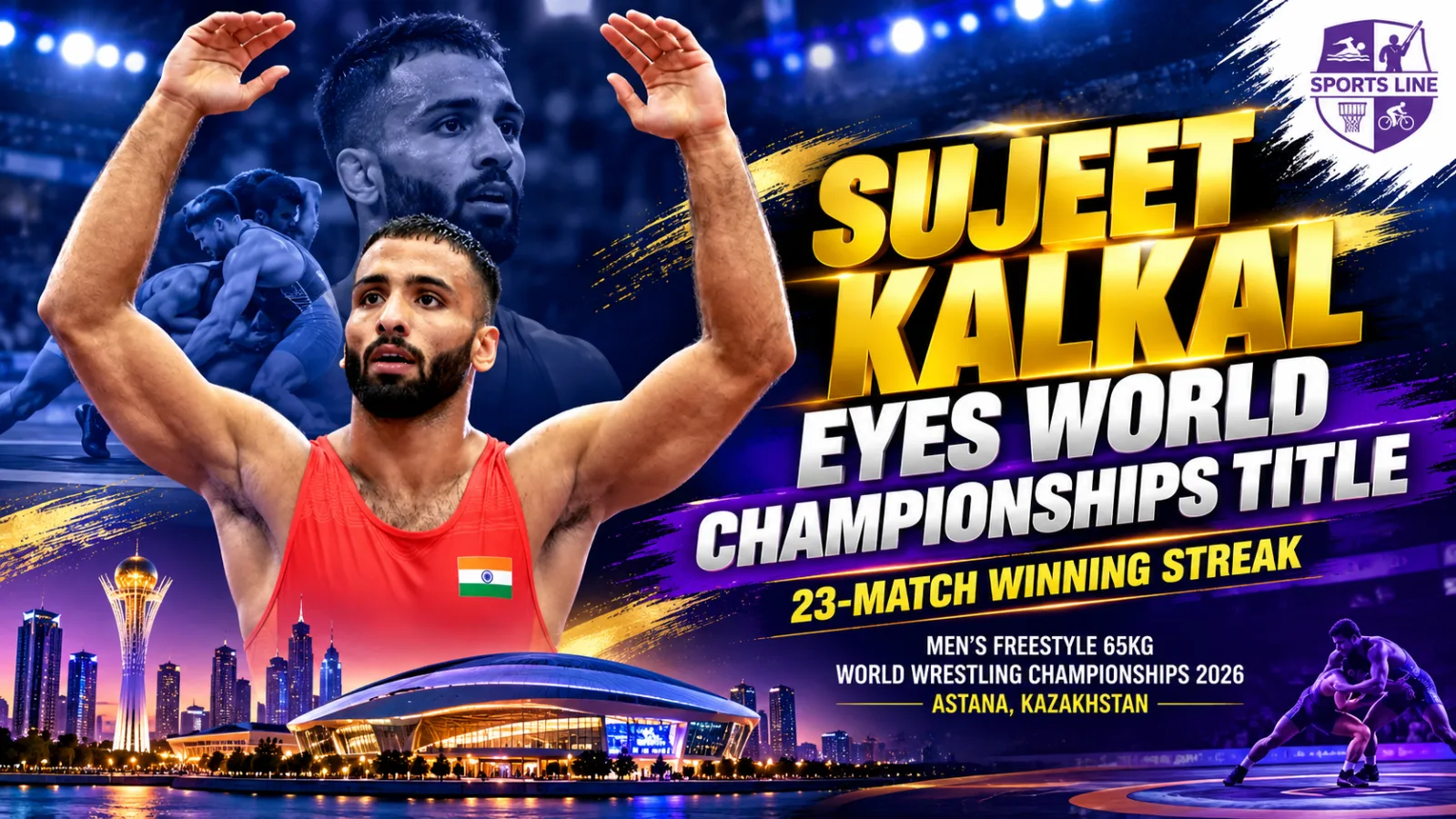 Sujeet Kalkal after winning the men’s 65kg freestyle gold medal at the 2026 Asian Games.