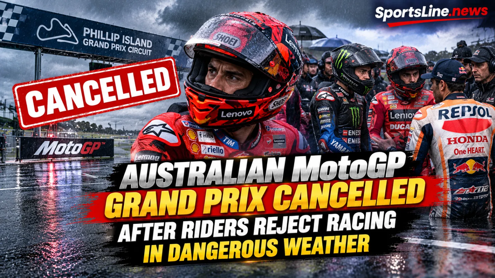 The Australian MotoGP Grand Prix at Phillip Island was cancelled after adverse weather raised safety concerns.