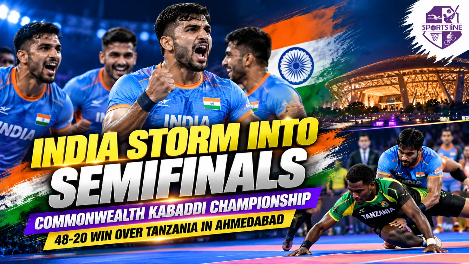 India’s men’s kabaddi team celebrate their 48-20 win over Tanzania at the Commonwealth Kabaddi Championship in Ahmedabad.