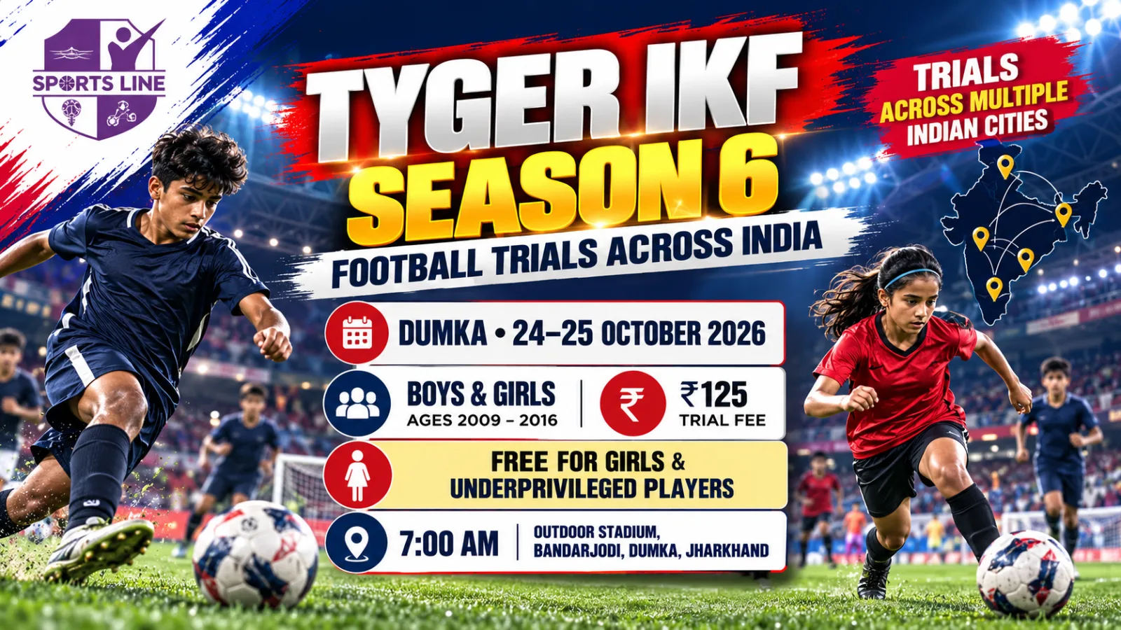 Tyger IKF Season 6 football trials announcement listing youth trial dates and registration instructions.