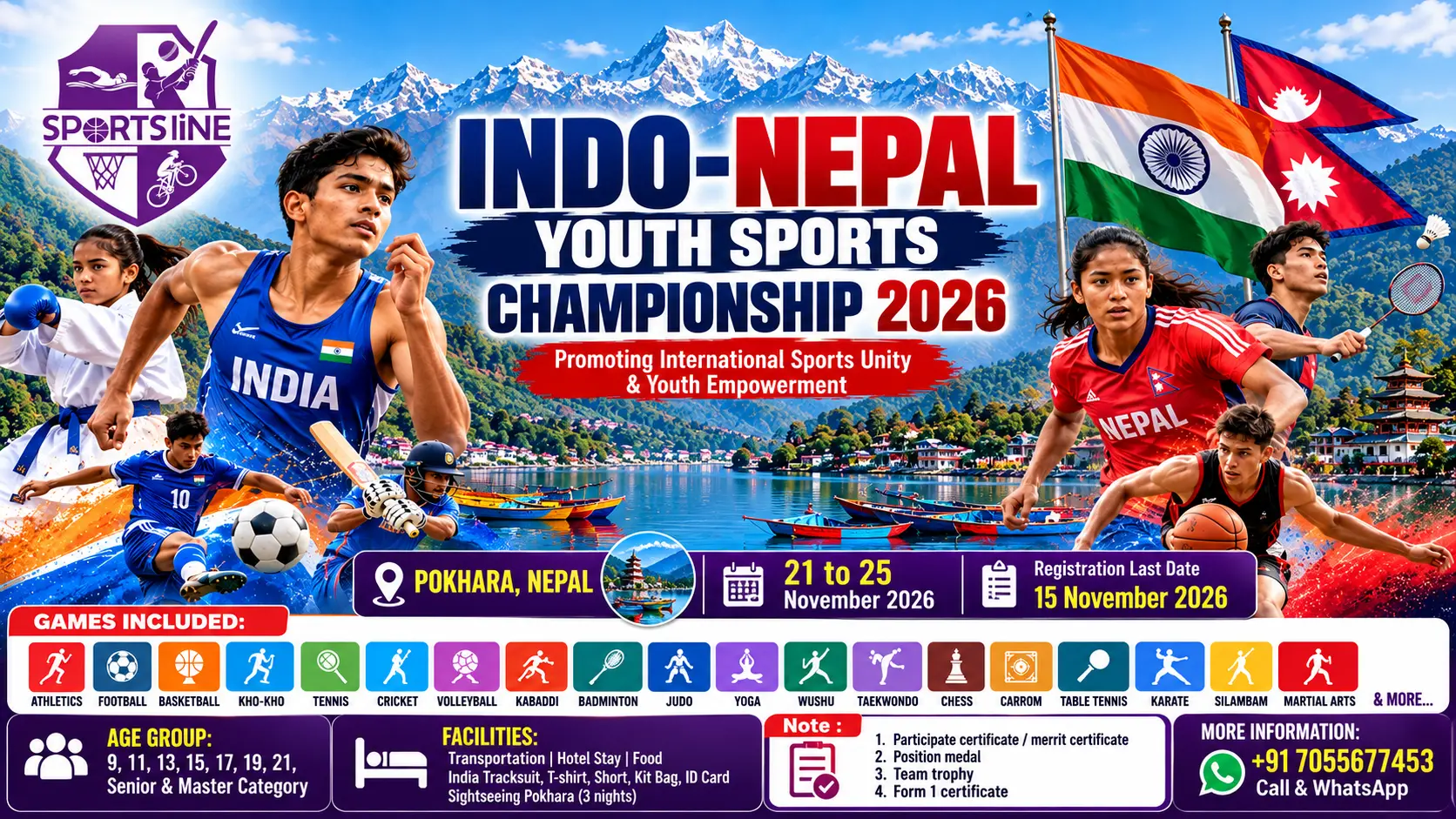 Indo-Nepal Youth Sports Championship 2026 promotional poster for Pokhara, Nepal