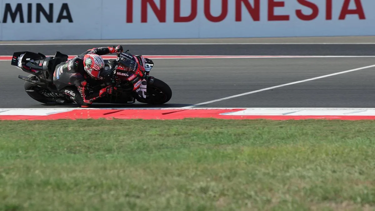 Marco Bezzecchi celebrates victory at the 2026 Indonesian MotoGP Grand Prix at Mandalika.