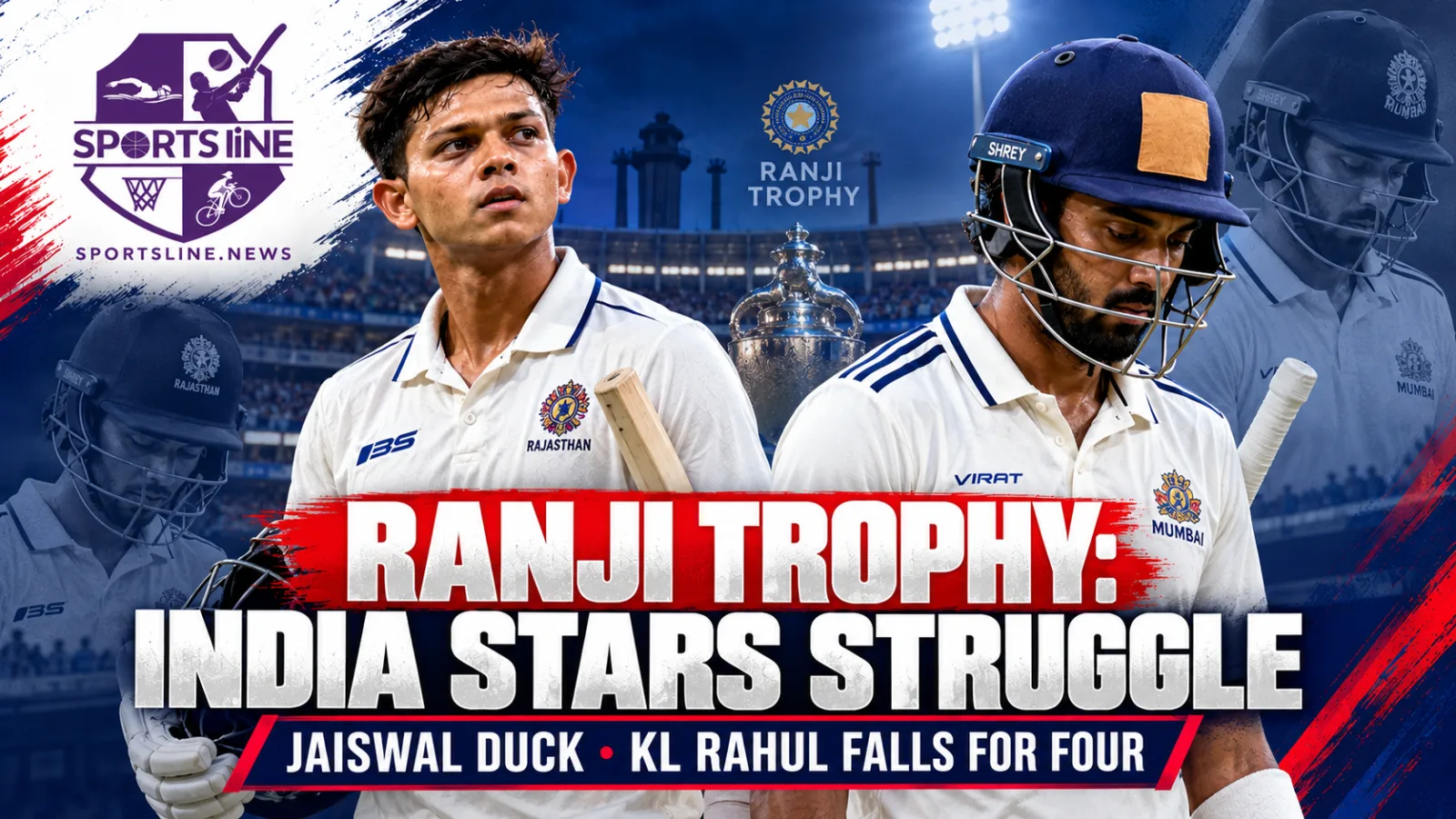 Yashasvi Jaiswal and KL Rahul endured difficult starts in the opening round of the 2026–27 Ranji Trophy, falling for a duck and four runs respectively.