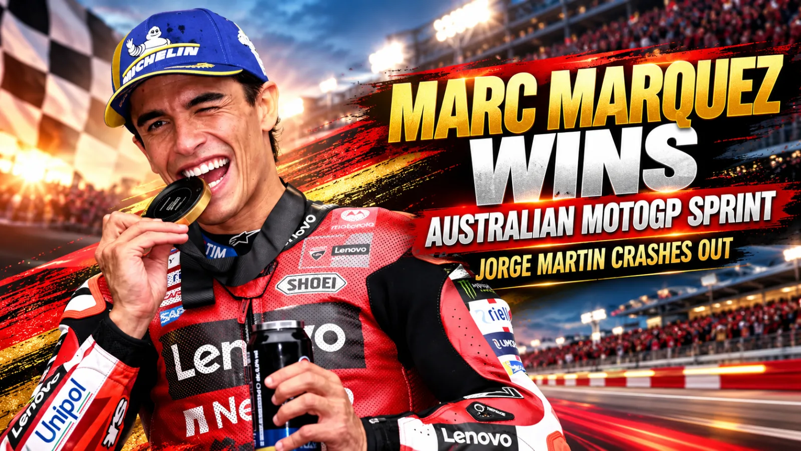 Marc Marquez celebrates his Australian MotoGP sprint victory at Phillip Island after Jorge Martin crashed out.