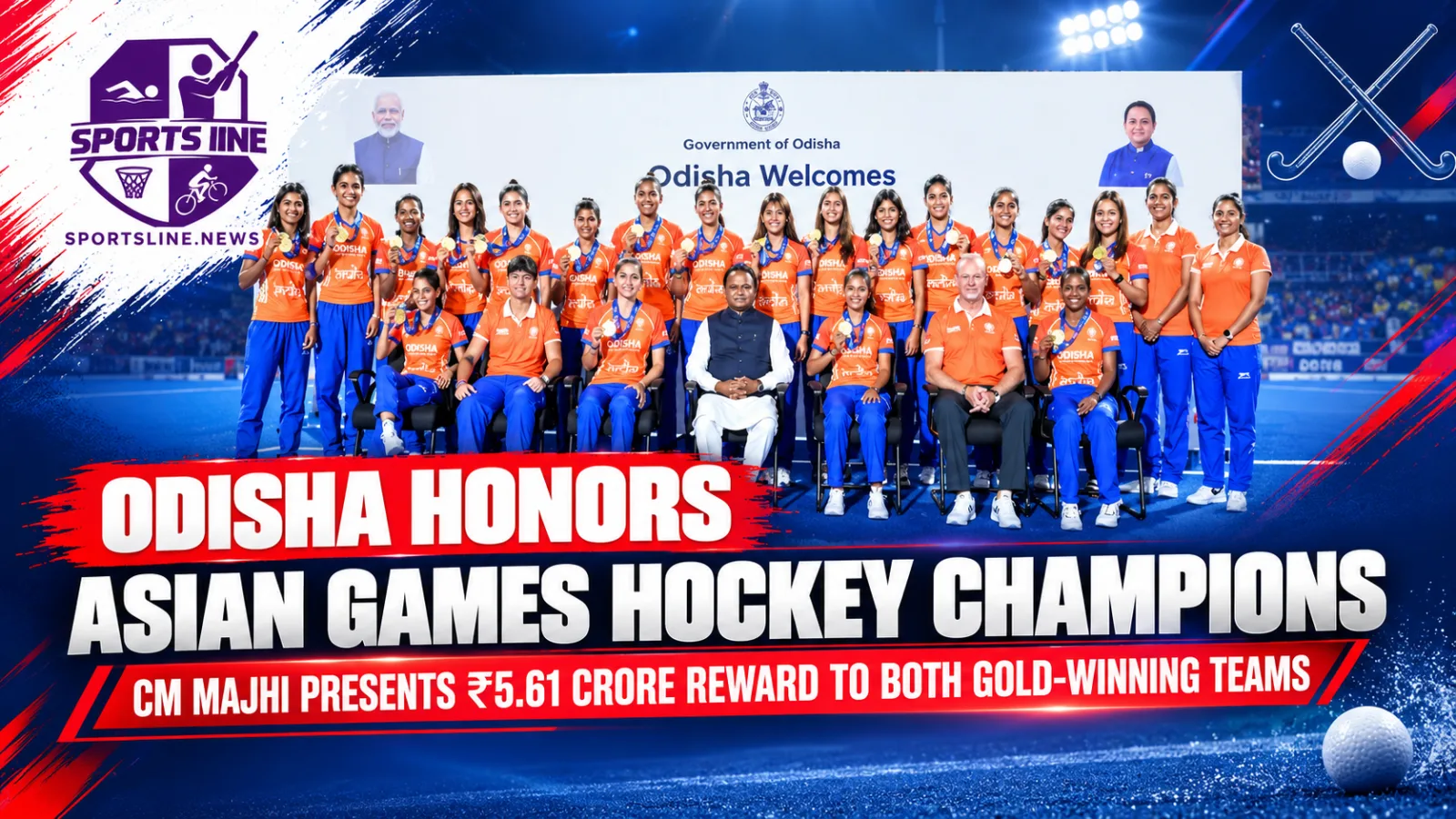 Odisha Chief Minister Mohan Charan Majhi felicitates India’s Asian Games gold-winning men’s and women’s hockey teams at Kalinga Stadium in Bhubaneswar on October 16, 2026.