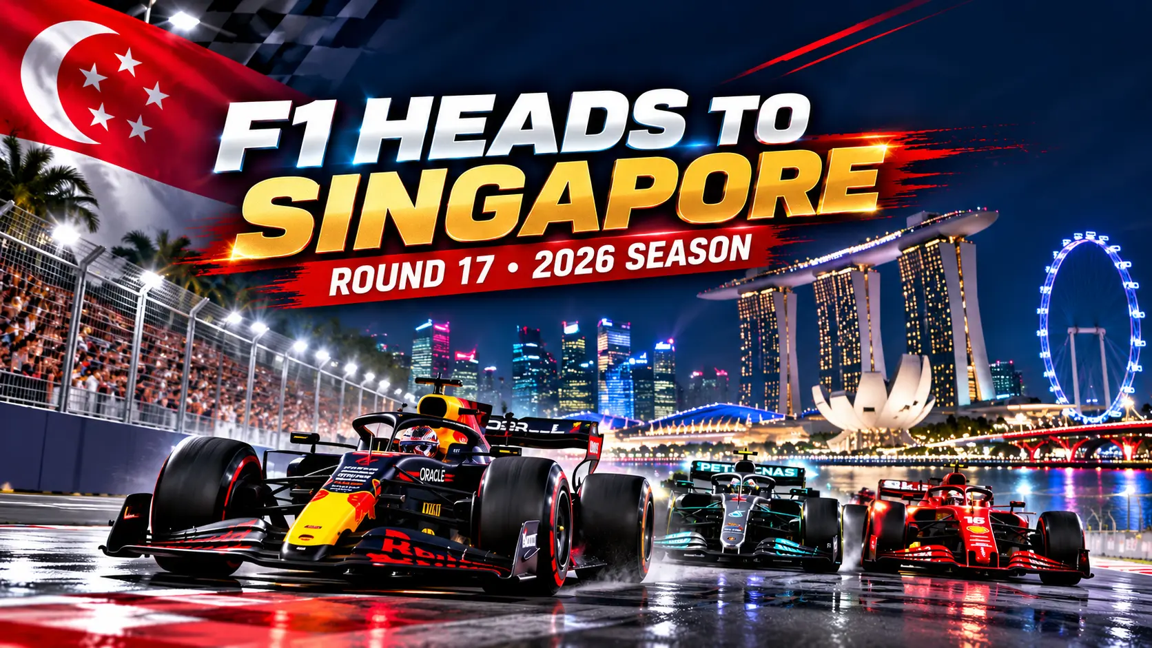F1 cars racing at the Marina Bay Street Circuit during the 2026 Singapore Grand Prix weekend