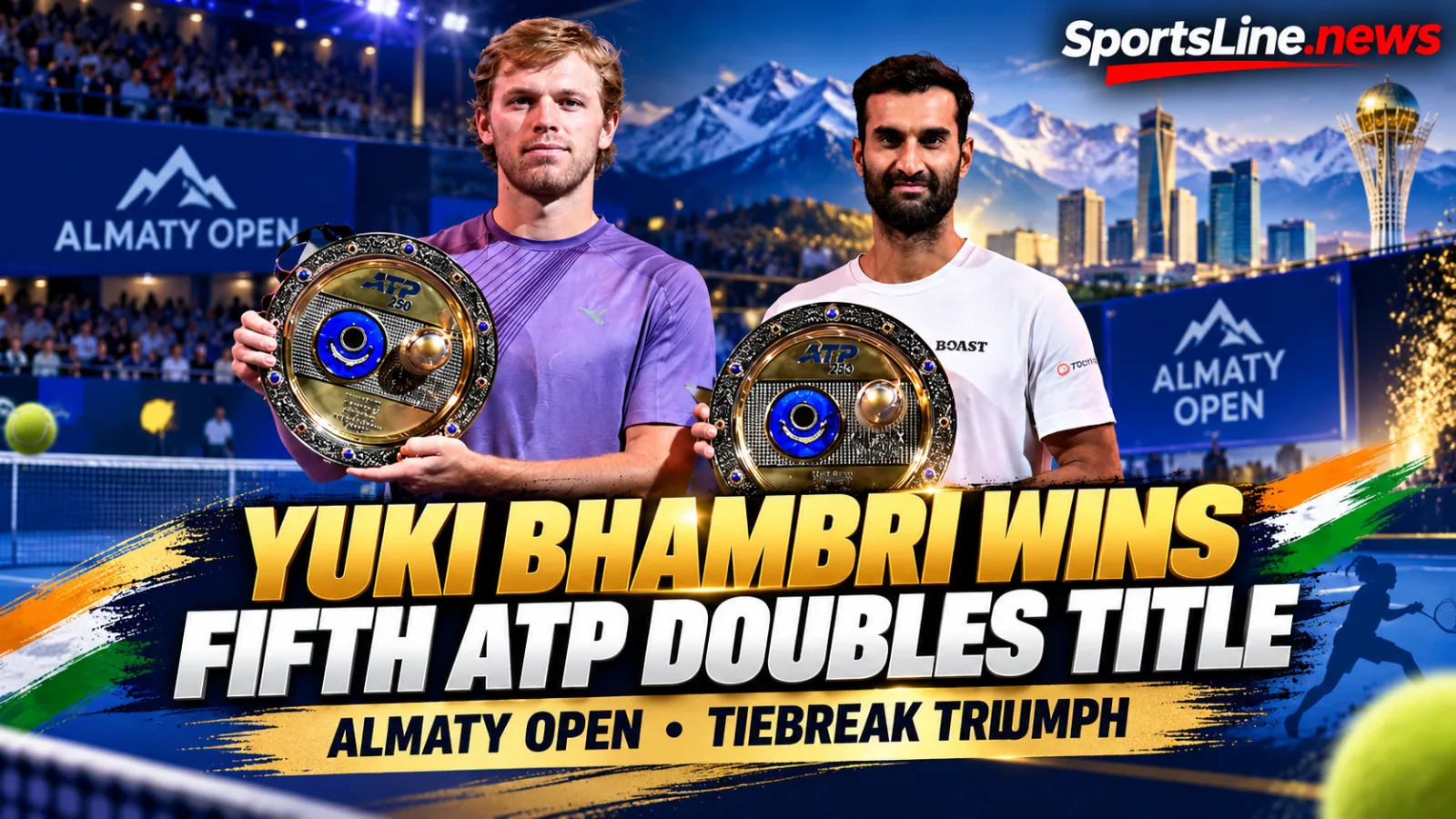 Yuki Bhambri and Ryan Seggerman celebrate their Almaty Open doubles title after defeating top seeds Lucas Miedler and Neil Oberleitner on October 25, 2026.