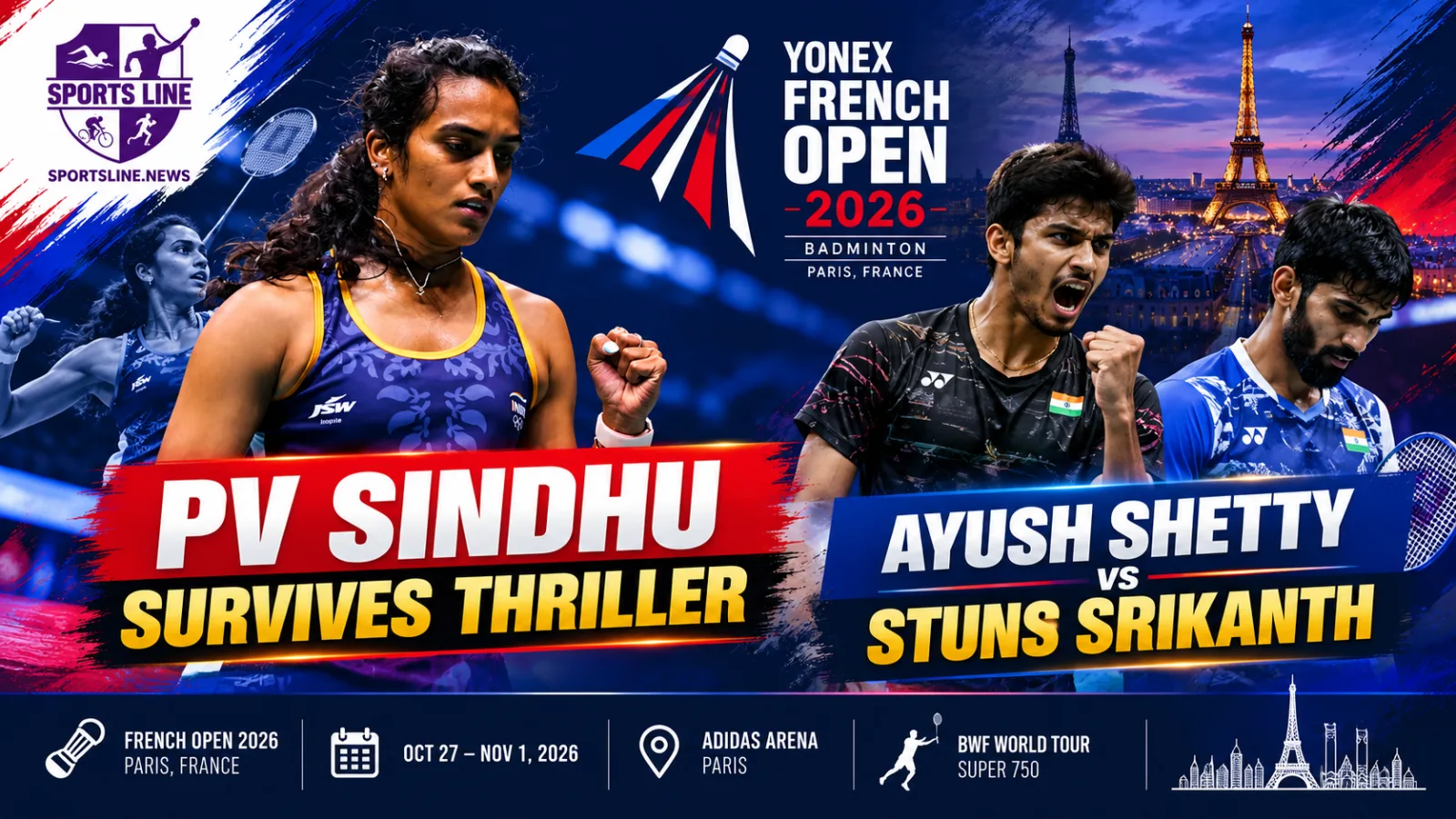 PV Sindhu advanced at the 2026 French Open after a three-game win over Supanida Katethong.