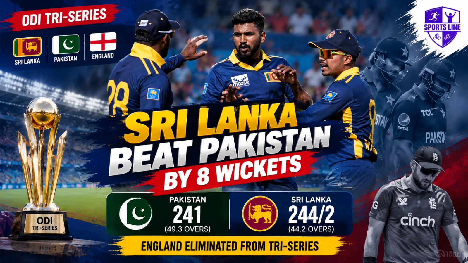 Dilshan Madushanka took 5-34 as Sri Lanka beat Pakistan by eight wickets in Lahore and eliminated England from the tri-series final race.