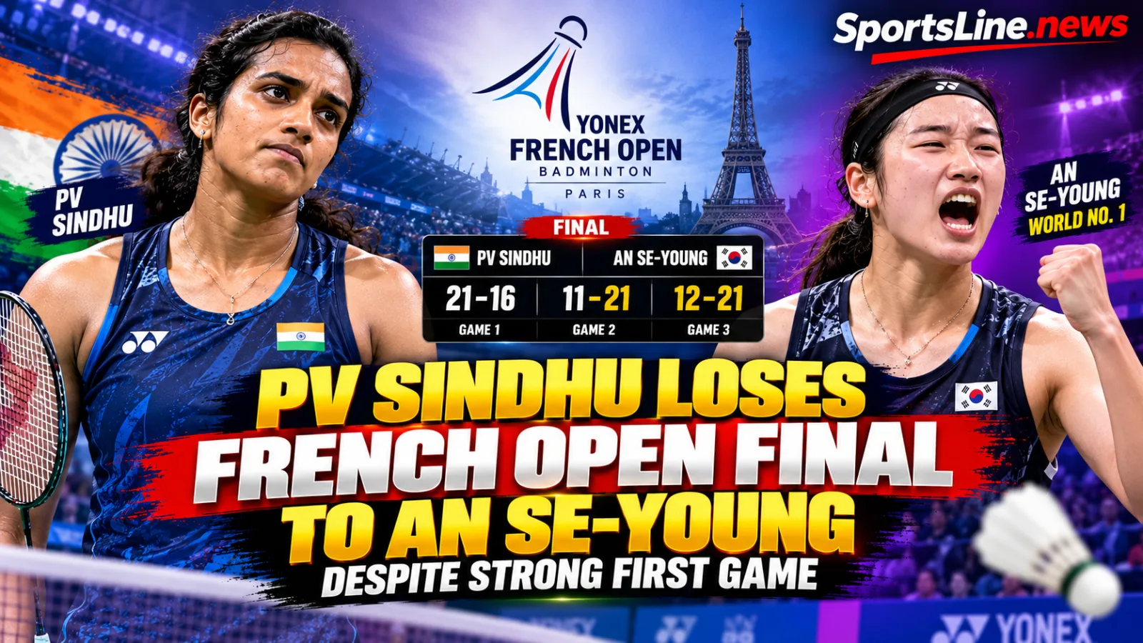 PV Sindhu in action against An Se-young during the French Open 2026 women’s singles final.