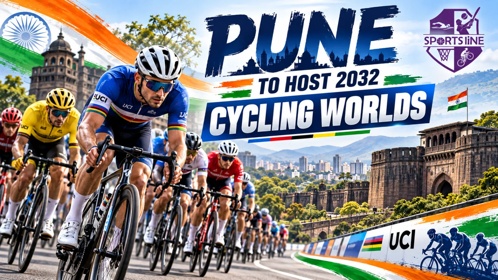 Illustrative road-cycling visual accompanying the announcement that Pune will host the 2032 UCI Road World Championships.