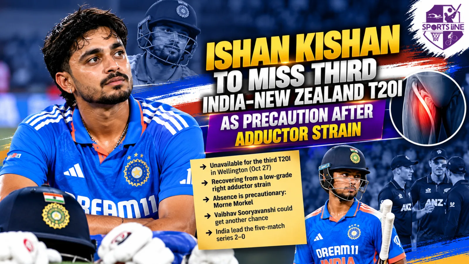 Ishan Kishan during India’s T20I series against New Zealand; the batter will miss the third match as a precaution while recovering from a right adductor strain.