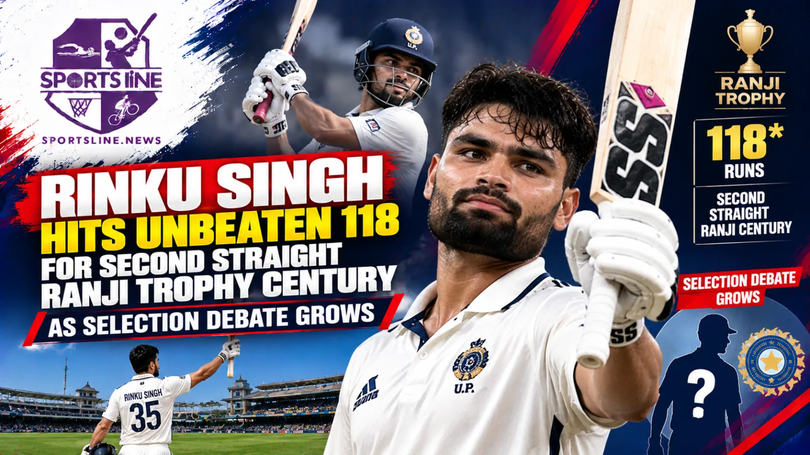 Rinku Singh celebrates after scoring his second consecutive Ranji Trophy century for Uttar Pradesh.