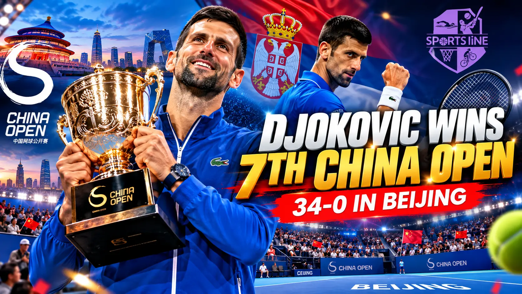 Novak Djokovic celebrates winning his seventh China Open title in Beijing in 2026.