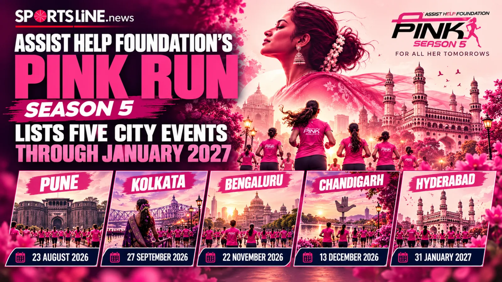 Pink Run Season 5 city posters for Pune, Kolkata, Bengaluru, Chandigarh and Hyderabad.