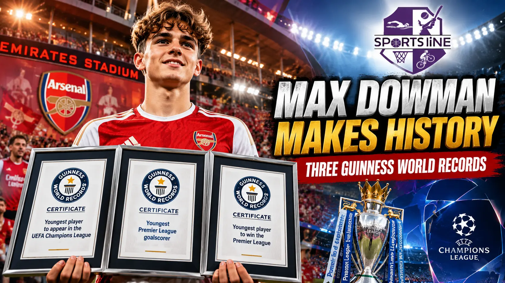 Max Dowman holding three Guinness World Records certificates after his historic Arsenal season