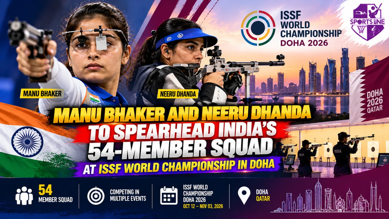 Manu Bhaker and Neeru Dhanda headline India’s 54-member squad for the ISSF World Championship in Doha.