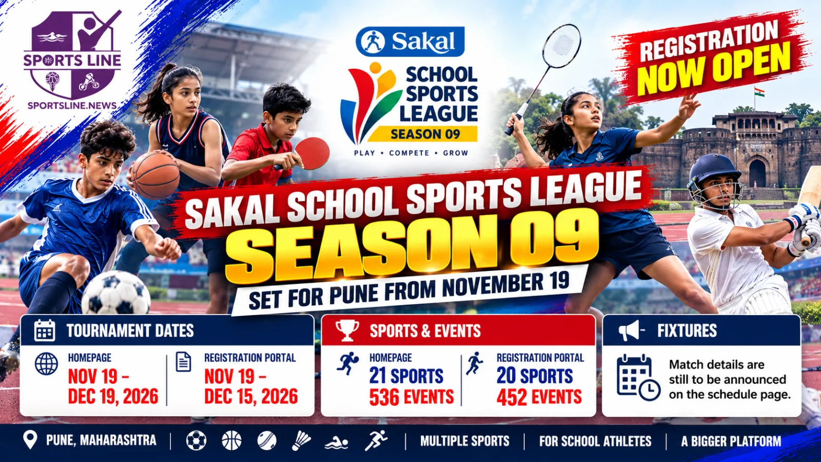 Schoolympics Season 09 official website promoting the Sakal School Sports League 2026 in Pune.