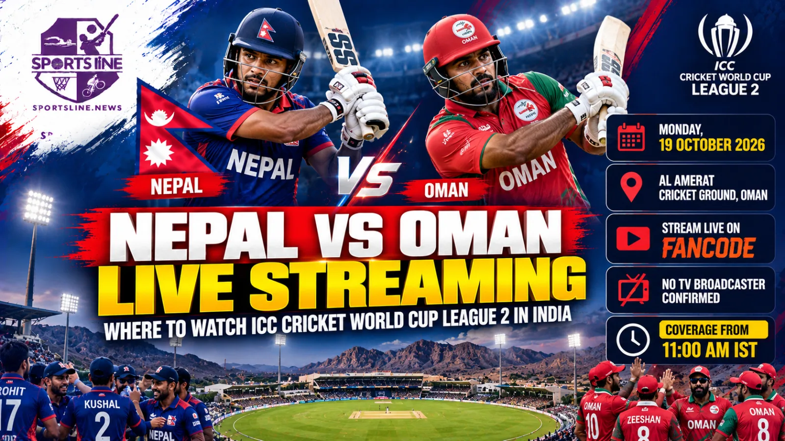 Nepal and Oman meet in the ICC Men’s Cricket World Cup League 2 in Al Amerat on October 19, 2026.