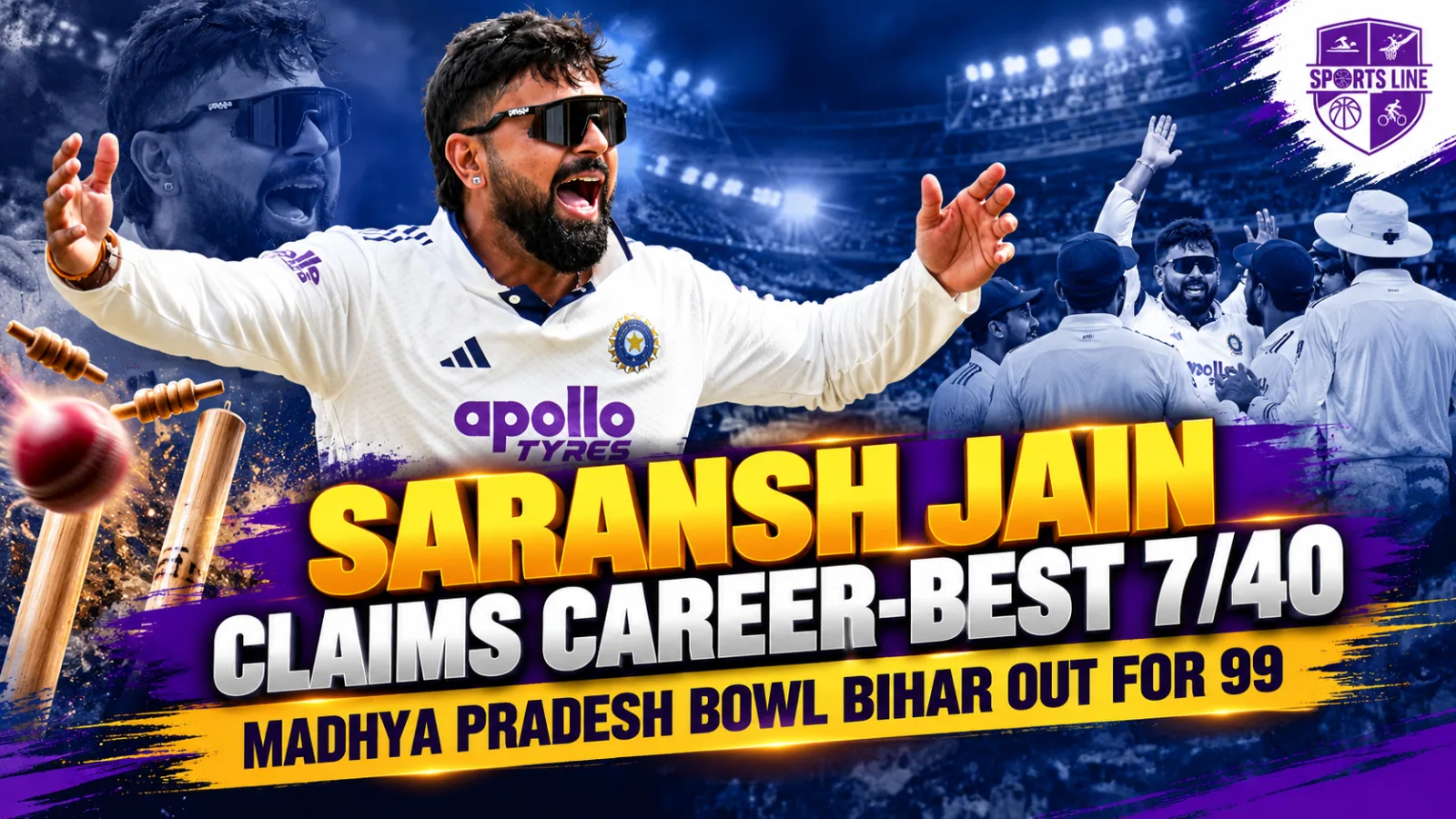 Saransh Jain celebrates after his career-best seven-wicket haul for Madhya Pradesh against Bihar.