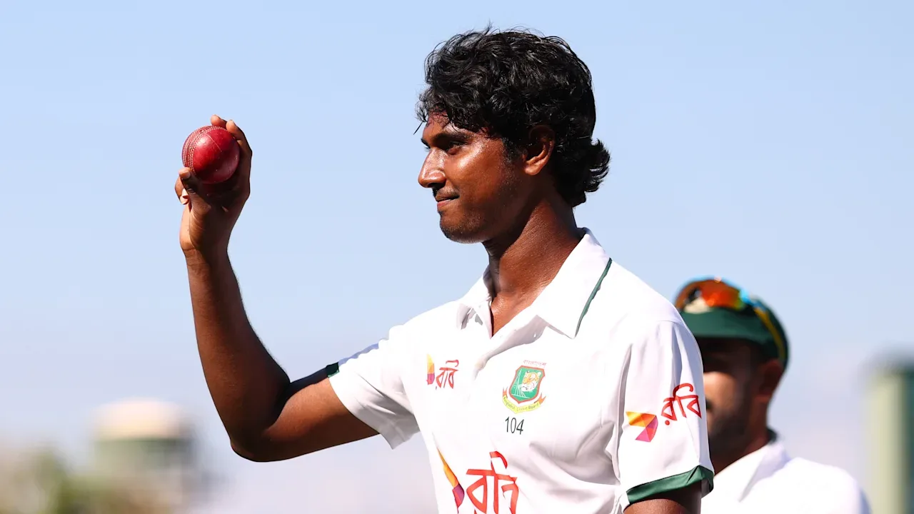 Bangladesh fast bowler Hasan Mahmud celebrates his historic Test hat-trick against Afghanistan in Abu Dhabi.