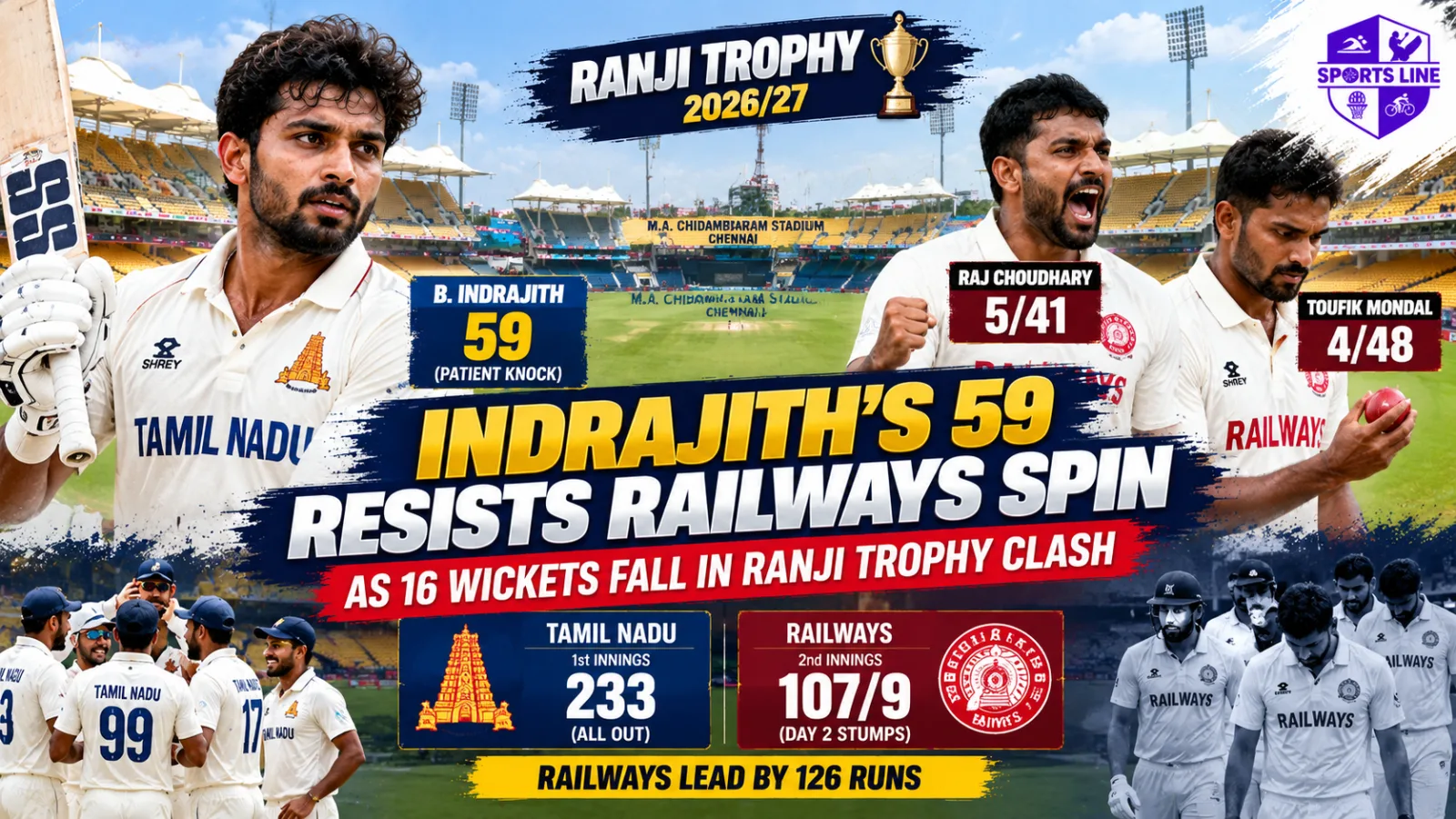 Railways spinner Raj Choudhary took five wickets to bowl Tamil Nadu out for 165 on Day Two.