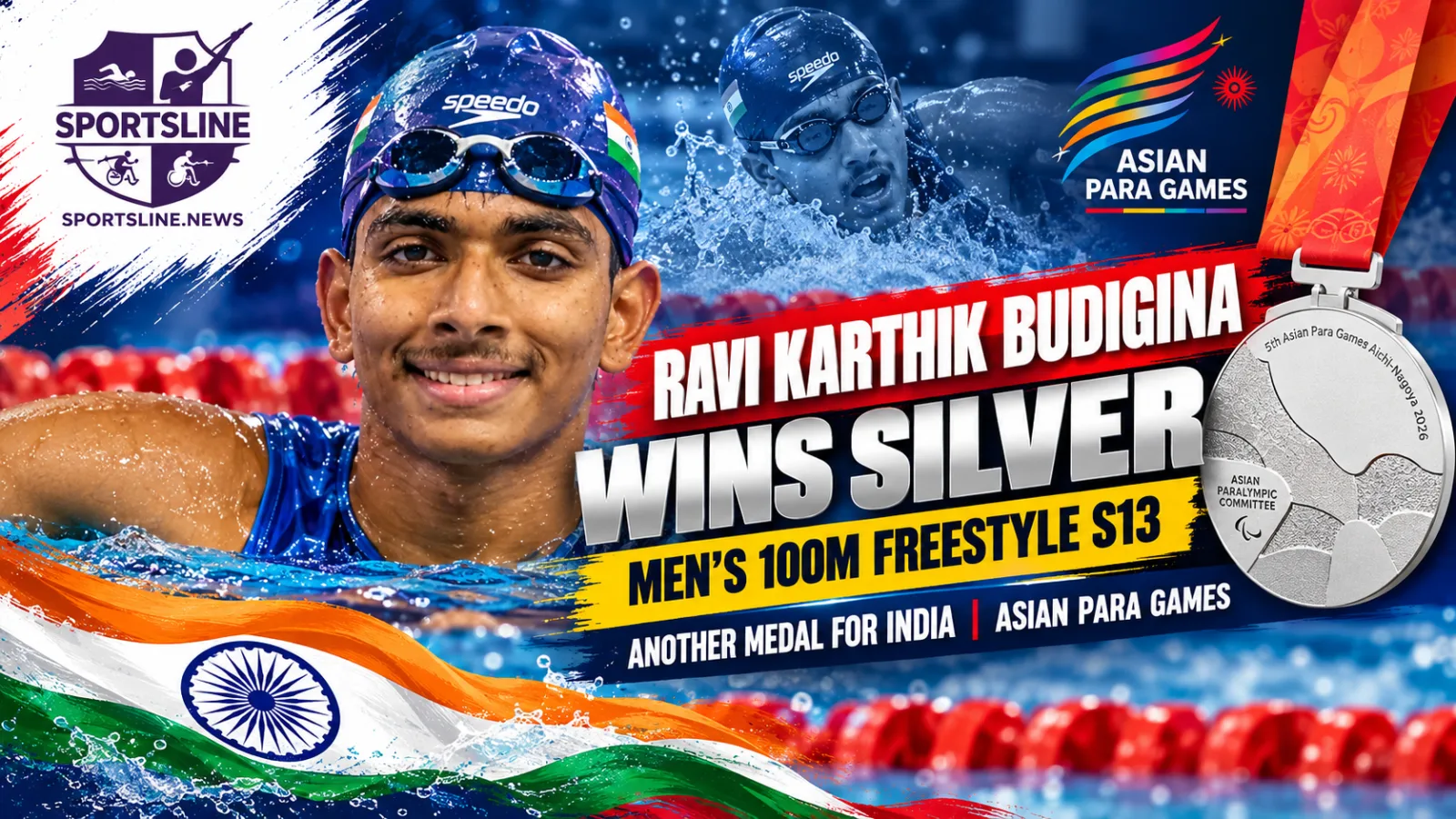 Ravi Karthik Budigina after winning silver in the men’s 100m freestyle S13 at the Aichi-Nagoya 2026 Asian Para Games.